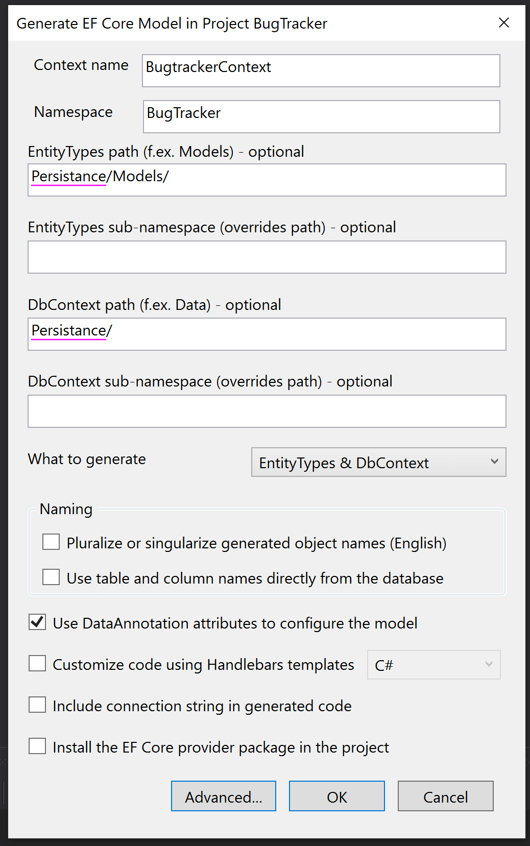 Ef core tools reverse engineering database tables